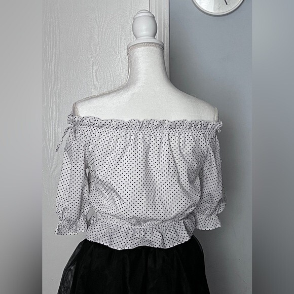 Off The Shoulder Polka dots Blouse Puffed Sleeves - Picture 6 of 11